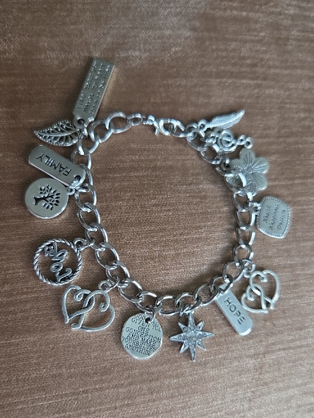 Silver Charm Bracelet with Hearts, Star & Inspirational Tags - Unbranded